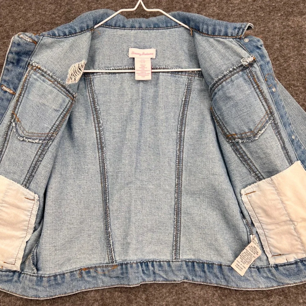 Tommy Bahama Kids 10 Denim Jacket Medium Wash Floral Rhinestone Distressed Blue